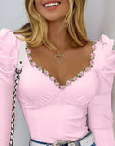 Chic Puff Sleeve Blouse with Floral Neckline