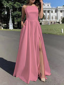 Chic Evening Gown with Stylish Leg Slit and Delicate Straps