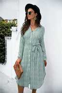 Chic Women's Dress with Button Accents & Tie Belt