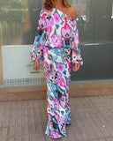Stylish Off-Shoulder Tie-Dye Maxi Dress with Voluminous Sleeves