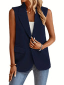 Chic Women's Sleeveless Blazer with Stylish Waist Accents and Convenient Pockets