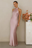 Chic Satin Maxi Dress with High Neck Design