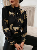 Chic Animal Print Blouse with Stand Collar