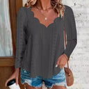 Women's Lace Detail Long Sleeve Blouse with Wave Neckline