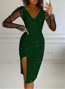 Chic Star Print Wrap Dress with Sheer Sleeves