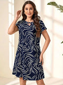 Wave Pattern Women's Dress with Keyhole Neckline
