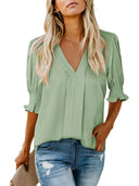 Chic V-Neck Blouse with Ruffled Sleeves and Pleats