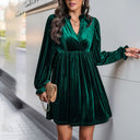 Chic Velvet Dress with V-Neck & Puff Sleeves