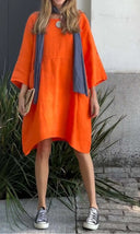 Chic Women's Linen Dress with Asymmetrical Hem and Pockets
