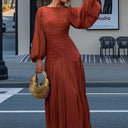 Chic Pleated Maxi Dress with Ruffles and Long Sleeves