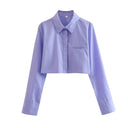 Chic Cropped Blouse with Classic Collar and Stylish Pockets