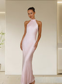 Chic Satin Maxi Dress with High Neck Design