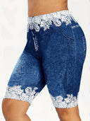 Denim Bermuda Shorts with Lace Accents and Pockets