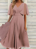 Flowing Midi Dress with Asymmetrical Sleeves for Women