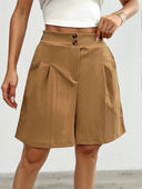 Chic Women’s High-Waisted Shorts with Double Button and Pleat Design