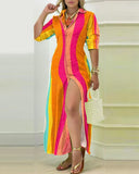 Chic Women’s Check Pattern Long Sleeve Shirt Dress with Side Slit