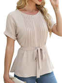 Chic Pleated Blouse with Waist Belt for Women