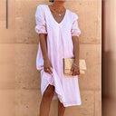 Chic V-Neck Linen Puff Sleeve Dress for Women