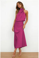 Chic Maxi Dress with Stand-Up Collar and Draped Design