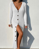 Chic Long Knit Dress with Deep V-Neck & Button Accents