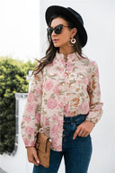 Floral Print Women's Long Sleeve Blouse with Stand-Up Collar