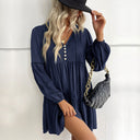 Chic Women's Dress with Button Accents and Billowing Sleeves