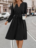 V-Neck Women's Dress with Waist Belt and Long Sleeves