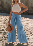 Women's Chic Palazzo Pants with Elastic Waist and Stylish Tie Belt