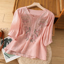 Floral Embroidered Women's Blouse with Button Neckline