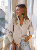 Chic Satin V-Neck Shirt with Long Sleeves