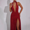 Chic Evening Gown with Deep V-Neck and Ruffle Accents