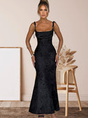 Women’s Long Sleeve Floral Jacquard Evening Dress with Chic Back Cutout