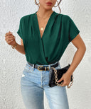 Chic Women's Short Sleeve Blouse with Stylish Wrap Design