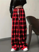 Checked Women's Leisure Pants with Adjustable Waist
