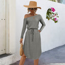 Chic Off-Shoulder Dress with Elastic Waist and Long Sleeves