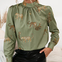Chic Animal Print Blouse with Stand Collar