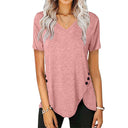 Stylish Women's V-Neck Tee with Asymmetrical Hem & Button Accents