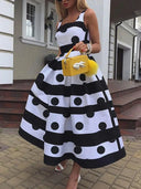 Chic Midi Dress with Textured Polka Dot and Flared Skirt