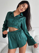 Chic Satin Blouse with Contemporary Collar and Button Closure