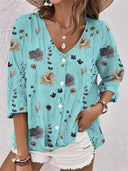 Floral Print Women's Blouse with Stylish Button Accents