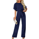 Women's Long Jumpsuit with Tie Belt & Cap Sleeves