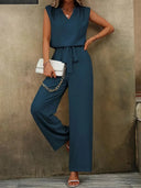Chic V-Neck Jumpsuit with Waist Knot for Women