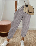 Women's Striped Pants with Elastic Waist and Side Pockets