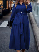 Chic Women's Dress with Fitted Belt & Button Detail