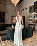 Chic Women's Maxi Dress with Deep V-Neck & Ruffle Accents for Special Occasions