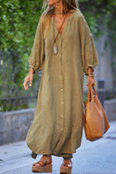 Chic Women's Long Sleeve Button Dress with Balloon Sleeves