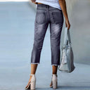 Trendy Women's 3/4 Jeans with Fringed Hem Design