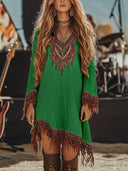 Artistic Embroidered Women's Festival Dress with Fringe