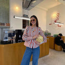 Chic Striped Long Sleeve Blouse with Puff Sleeves