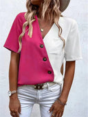 Chic Asymmetrical Short Sleeve Blouse with Button Accents
